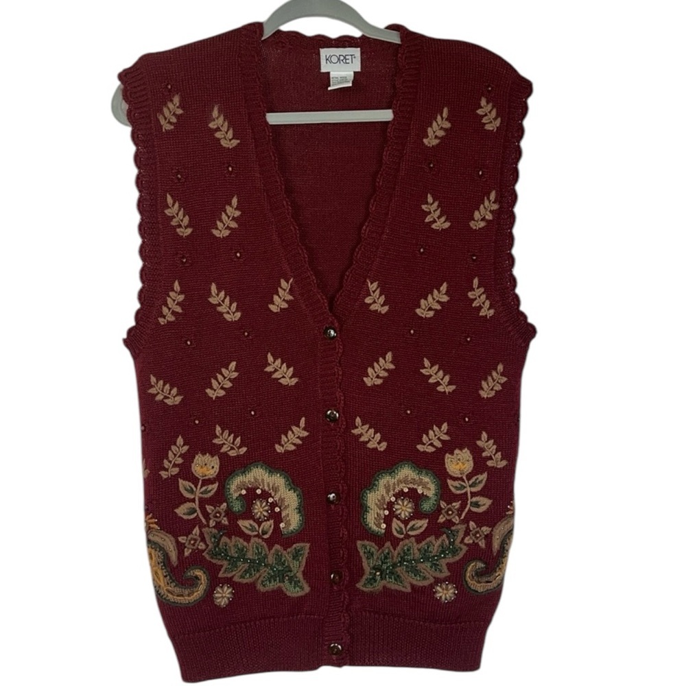 Koret artsy nature inspired/adorned knit vest button closure wool vest Sz S
